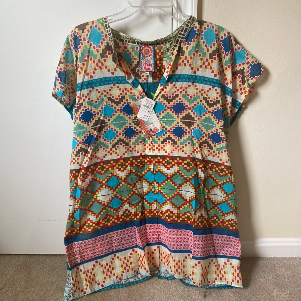 NWT Johnny Was short sleeve split neck tunic XL